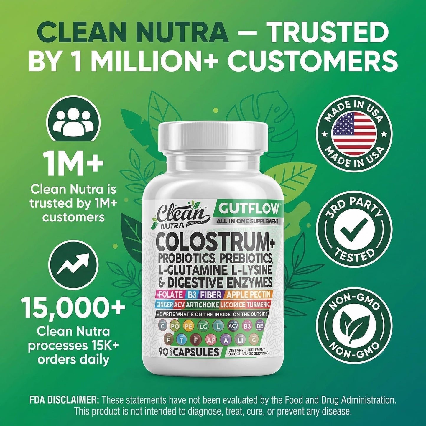 Clean Nutraceuticals Colostrum Supplement Capsules Probiotics Pills Prebiotics, L-Glutamine, Digestive Enzymes, Folate, Fiber, ACV, Turmeric, Apple Pectin and Turmeric Pills - PrimeBioHealth - canada supplements