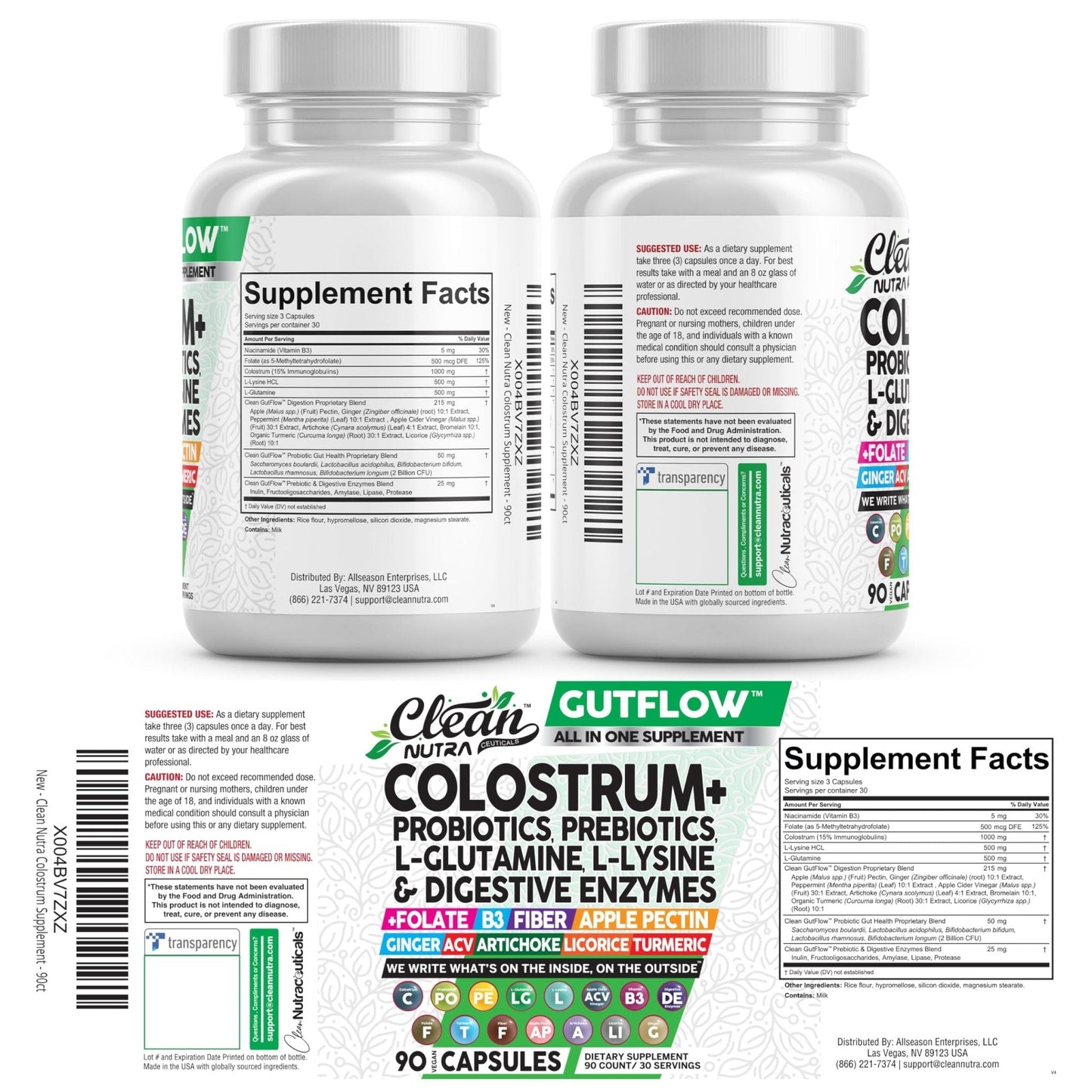 Clean Nutraceuticals Colostrum Supplement Capsules Probiotics Pills Prebiotics, L-Glutamine, Digestive Enzymes, Folate, Fiber, ACV, Turmeric, Apple Pectin and Turmeric Pills - PrimeBioHealth - canada supplements