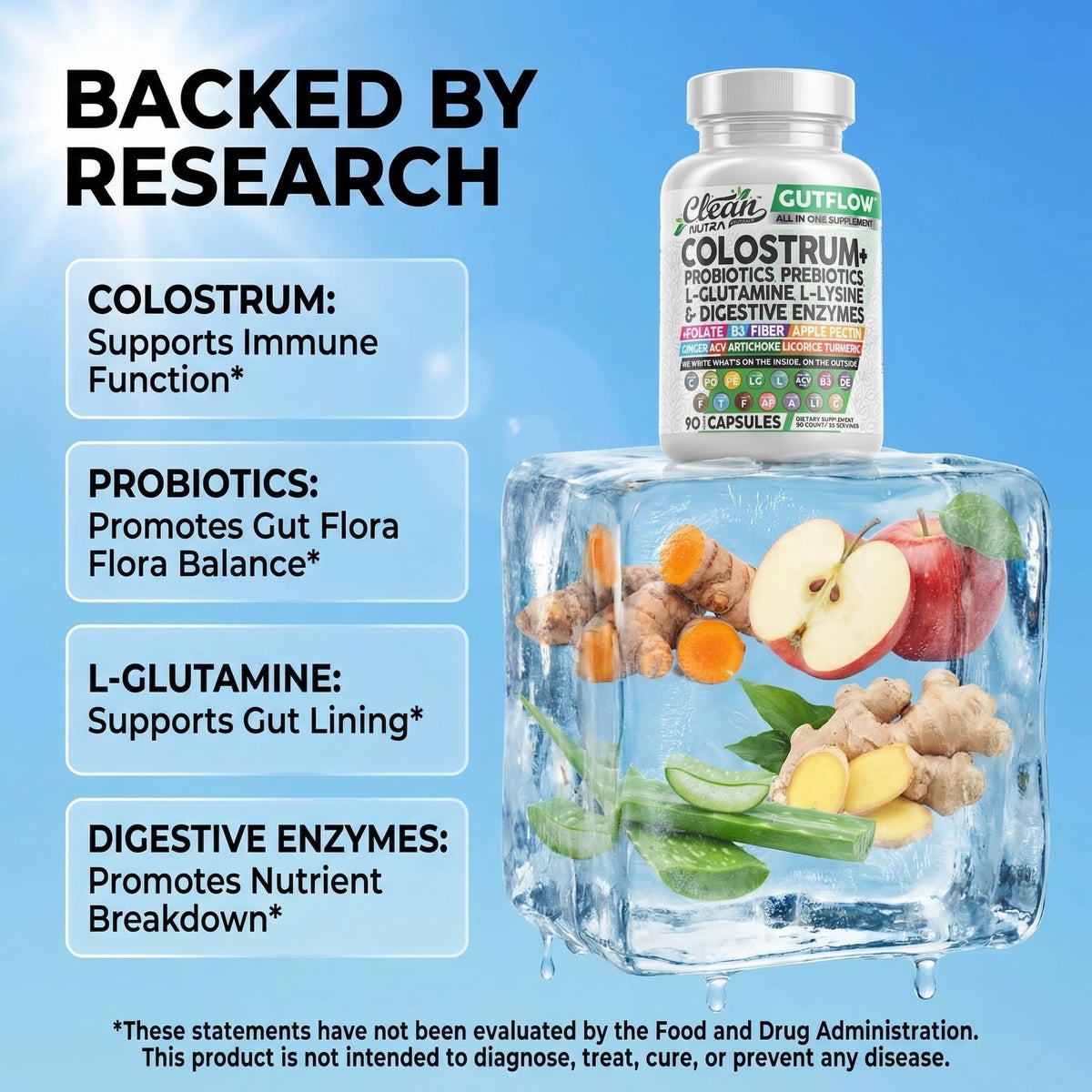 Clean Nutraceuticals Colostrum Supplement Capsules Probiotics Pills Prebiotics, L-Glutamine, Digestive Enzymes, Folate, Fiber, ACV, Turmeric, Apple Pectin and Turmeric Pills - PrimeBioHealth - canada supplements