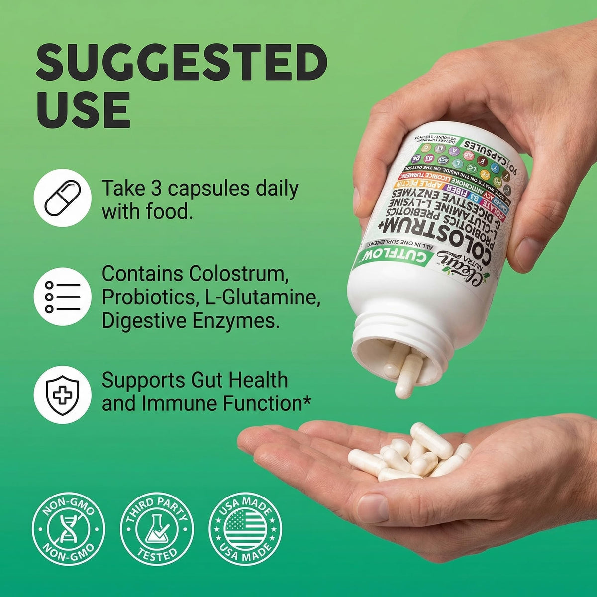 Clean Nutraceuticals Colostrum Supplement Capsules Probiotics Pills Prebiotics, L-Glutamine, Digestive Enzymes, Folate, Fiber, ACV, Turmeric, Apple Pectin and Turmeric Pills - PrimeBioHealth - canada supplements
