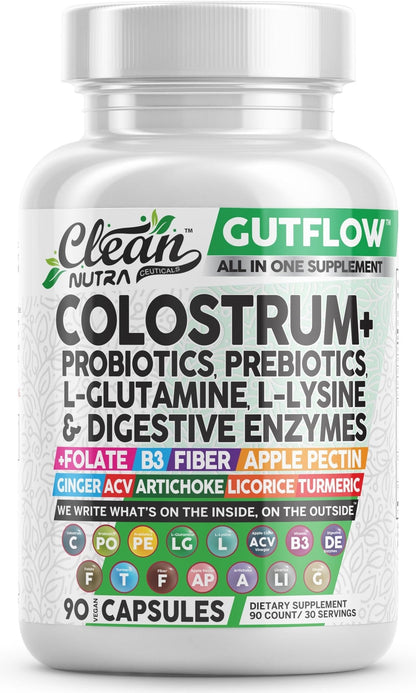 Clean Nutraceuticals Colostrum Supplement Capsules Probiotics Pills Prebiotics, L-Glutamine, Digestive Enzymes, Folate, Fiber, ACV, Turmeric, Apple Pectin and Turmeric Pills - PrimeBioHealth - canada supplements