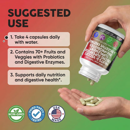 Clean Nutraceuticals Fruits and Veggies Supplement Reds & Green Superfood - Balance of Over 70 Fruit & Vegetable Supplements Capsules with Probiotics Prebiotics - PrimeBioHealth - canada supplements