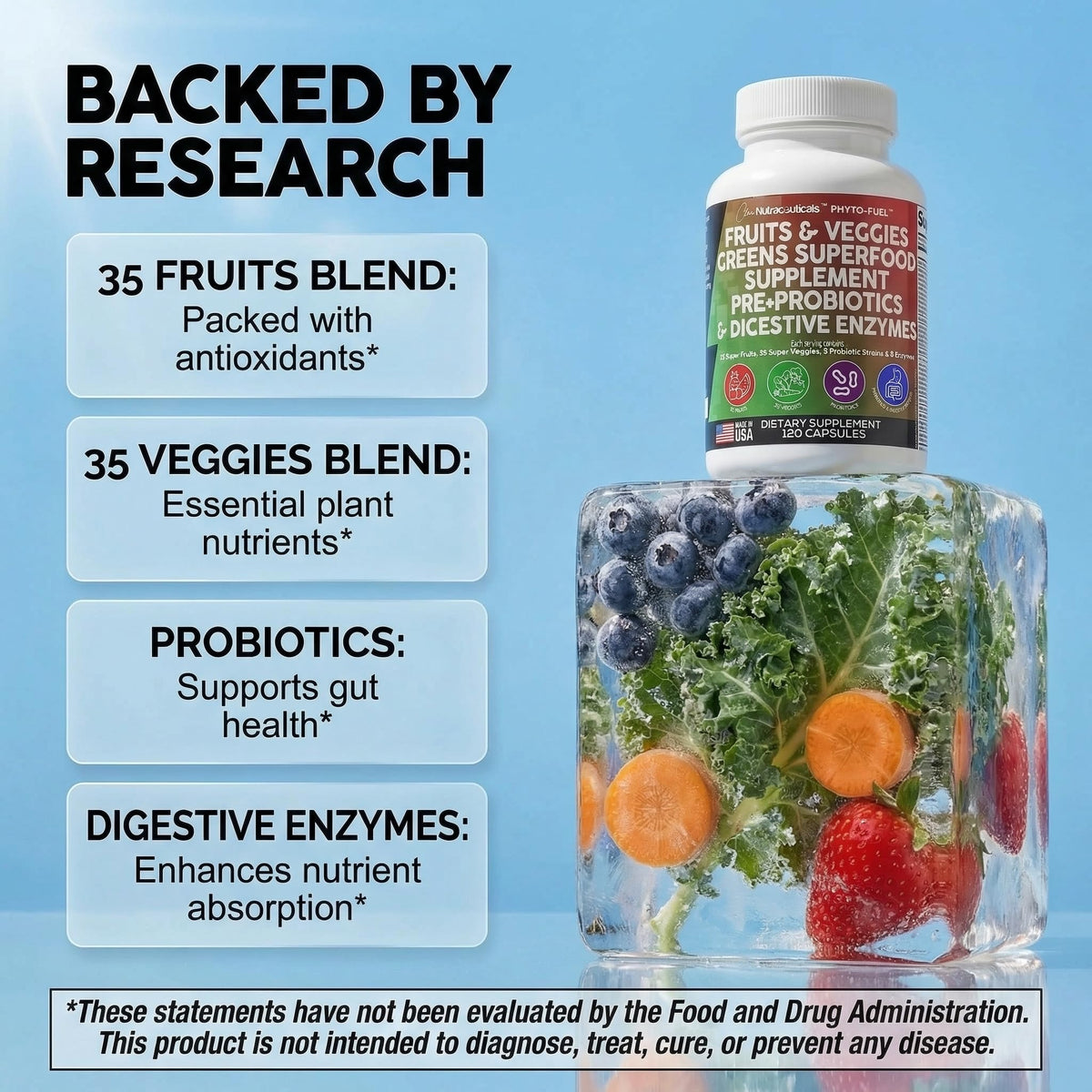 Clean Nutraceuticals Fruits and Veggies Supplement Reds & Green Superfood - Balance of Over 70 Fruit & Vegetable Supplements Capsules with Probiotics Prebiotics - PrimeBioHealth - canada supplements