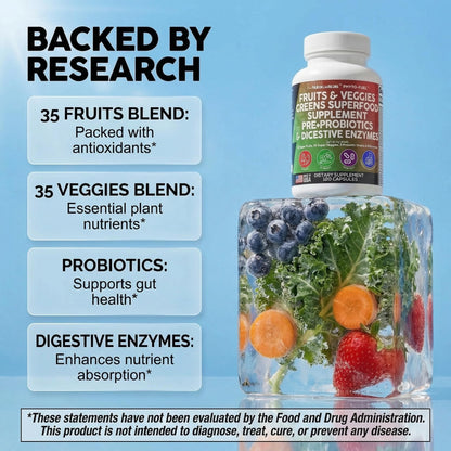 Clean Nutraceuticals Fruits and Veggies Supplement Reds & Green Superfood - Balance of Over 70 Fruit & Vegetable Supplements Capsules with Probiotics Prebiotics - PrimeBioHealth - canada supplements