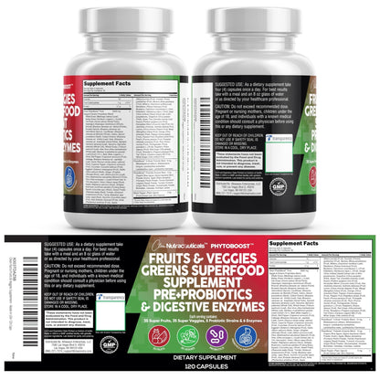 Clean Nutraceuticals Fruits and Veggies Supplement Reds & Green Superfood - Balance of Over 70 Fruit & Vegetable Supplements Capsules with Probiotics Prebiotics - PrimeBioHealth - canada supplements
