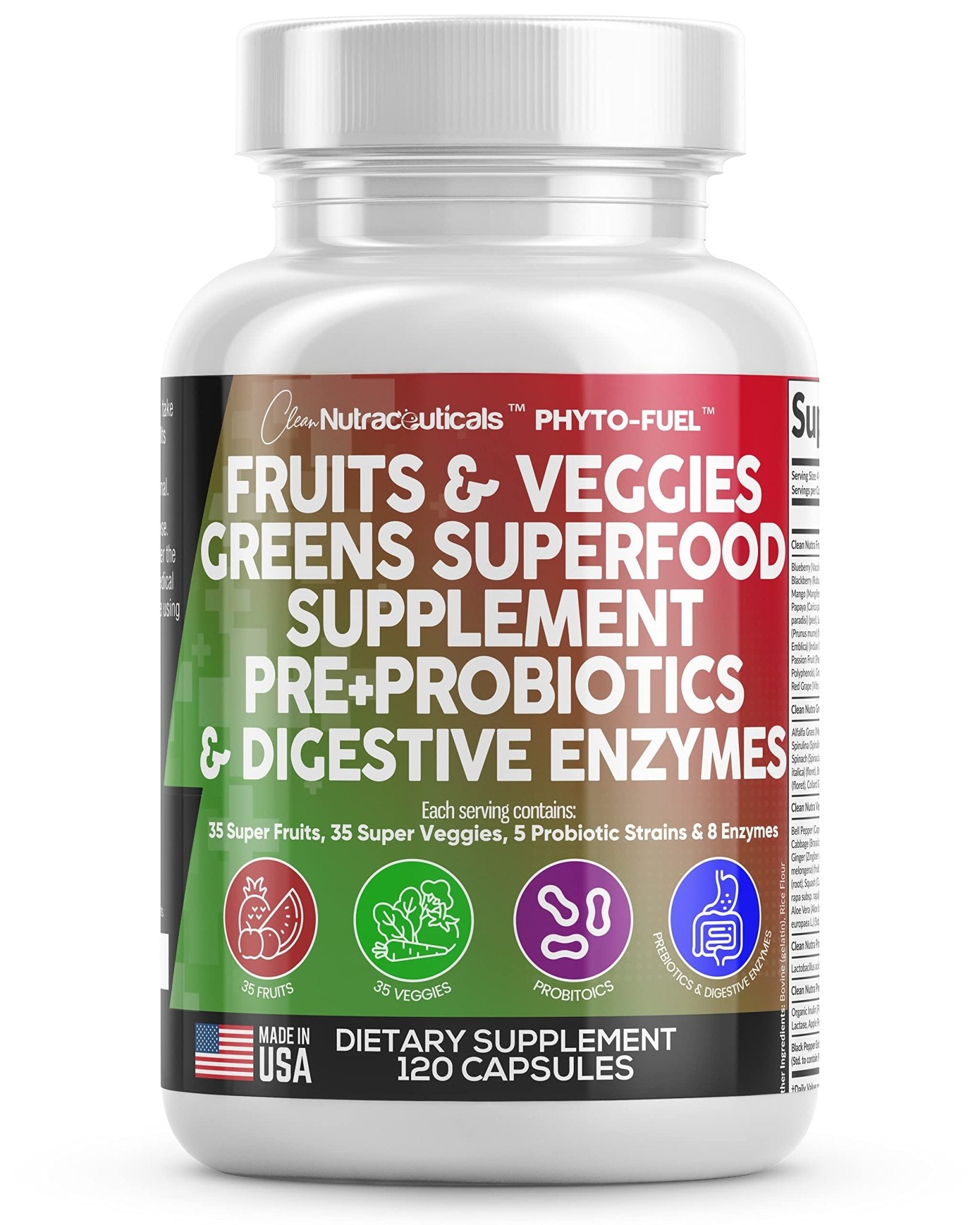 Clean Nutraceuticals Fruits and Veggies Supplement Reds & Green Superfood - Balance of Over 70 Fruit & Vegetable Supplements Capsules with Probiotics Prebiotics - PrimeBioHealth - canada supplements