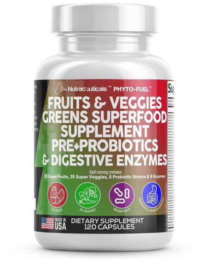 Clean Nutraceuticals Fruits and Veggies Supplement Reds & Green Superfood - Balance of Over 70 Fruit & Vegetable Supplements Capsules with Probiotics Prebiotics - PrimeBioHealth - canada supplements