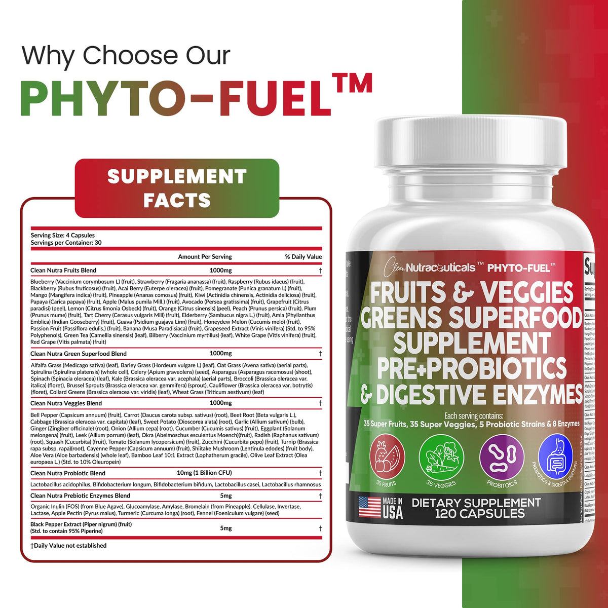 Clean Nutraceuticals Fruits and Veggies Supplement Reds & Green Superfood - Balance of Over 70 Fruit & Vegetable Supplements Capsules with Probiotics Prebiotics - PrimeBioHealth - canada supplements