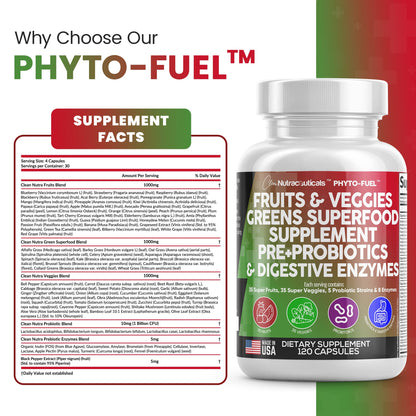 Clean Nutraceuticals Fruits and Veggies Supplement Reds & Green Superfood - Balance of Over 70 Fruit & Vegetable Supplements Capsules with Probiotics Prebiotics - PrimeBioHealth - canada supplements