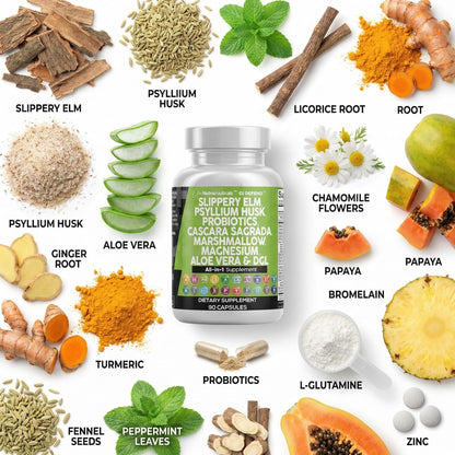 Clean Nutraceuticals Slippery Elm Psyllium Husk Pre Probiotic Digestive Gut Health Supplement with Aloe Vera Cascara Sagrada - PrimeBioHealth - canada supplements