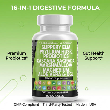 Clean Nutraceuticals Slippery Elm Psyllium Husk Pre Probiotic Digestive Gut Health Supplement with Aloe Vera Cascara Sagrada - PrimeBioHealth - canada supplements