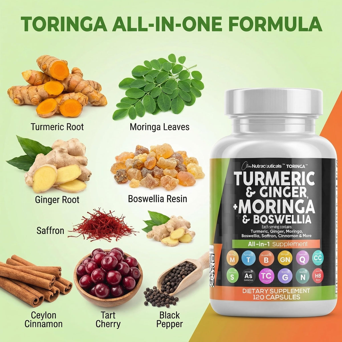 Clean Nutraceuticals Turmeric Moringa Supplement | Ginger Boswellia Saffron - Supplement for Women and Men with Ceylon Cinnamon - PrimeBioHealth - canada supplements