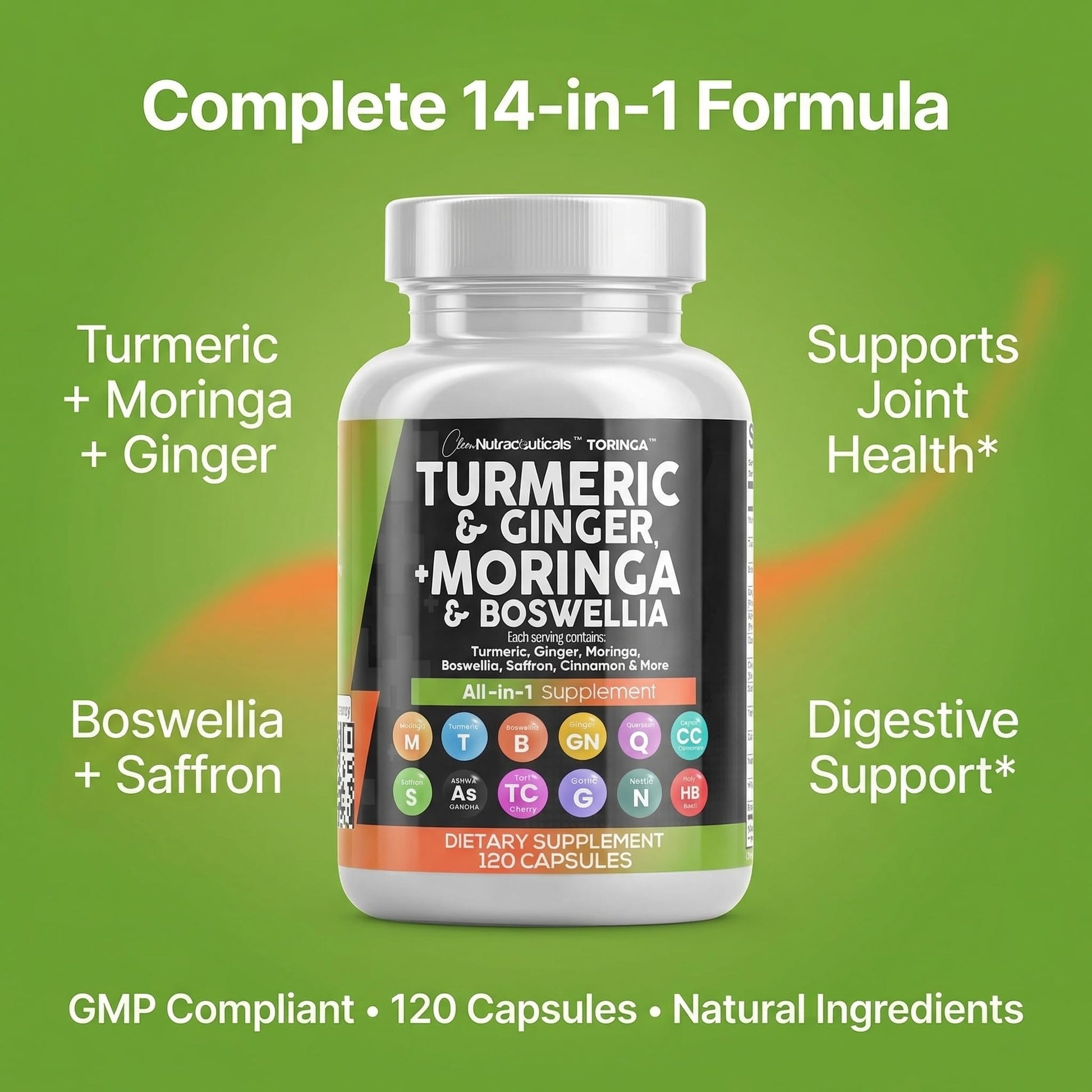 Clean Nutraceuticals Turmeric Moringa Supplement | Ginger Boswellia Saffron - Supplement for Women and Men with Ceylon Cinnamon - PrimeBioHealth - canada supplements