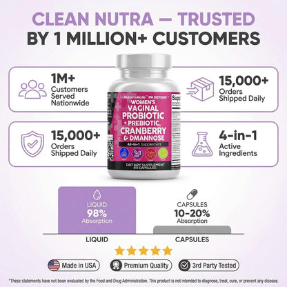 Clean Nutraceuticals Vaginal Probiotics for Women with Cranberry, D-Mannose, Prebiotics, pH Balance Support, Feminine Health, Urinary Tract Cleanse - PrimeBioHealth - canada supplements