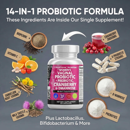 Clean Nutraceuticals Vaginal Probiotics for Women with Cranberry, D-Mannose, Prebiotics, pH Balance Support, Feminine Health, Urinary Tract Cleanse - PrimeBioHealth - canada supplements