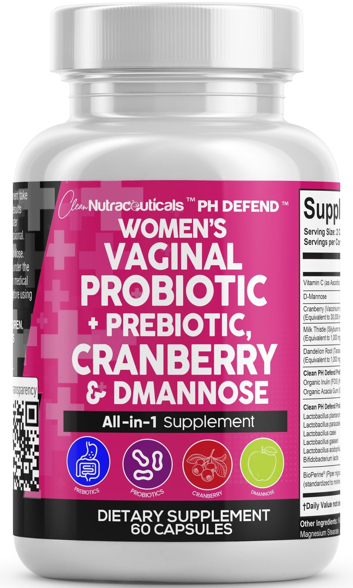 Clean Nutraceuticals Vaginal Probiotics for Women with Cranberry, D-Mannose, Prebiotics, pH Balance Support, Feminine Health, Urinary Tract Cleanse - PrimeBioHealth - canada supplements