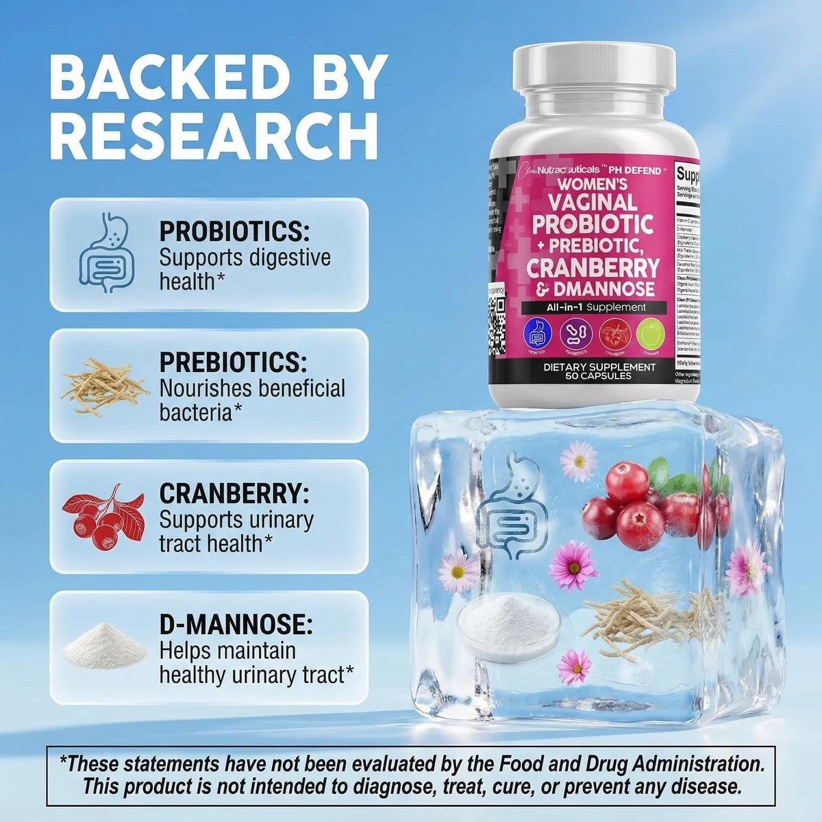 Clean Nutraceuticals Vaginal Probiotics for Women with Cranberry, D-Mannose, Prebiotics, pH Balance Support, Feminine Health, Urinary Tract Cleanse - PrimeBioHealth - canada supplements