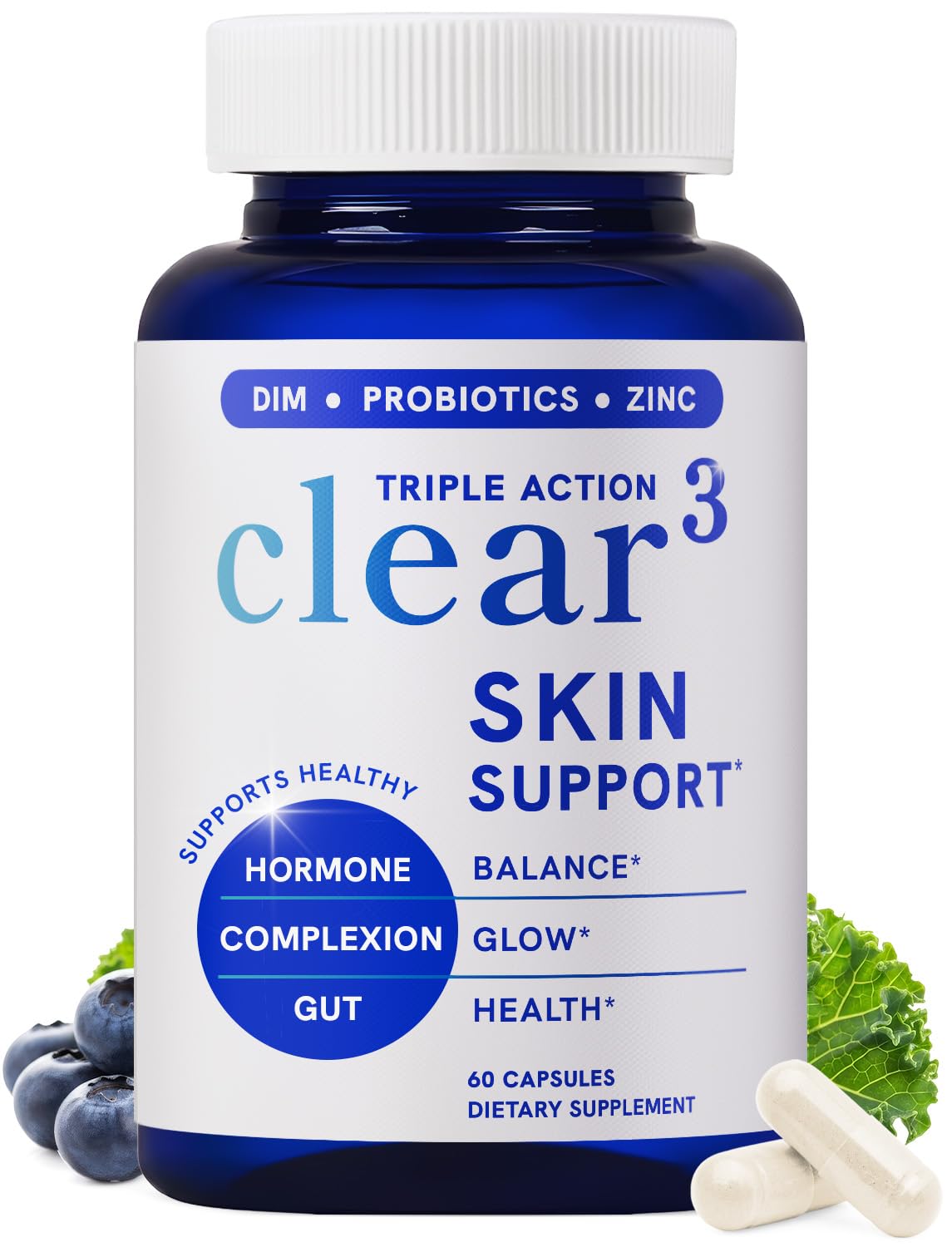 Clear Skin Supplement with Zinc, DIM & Probiotics | 3-in-1 Balance, Glow & Health Skin Support | Triple Action Hyaluronic Acid, Niaciminide & Vitamins for Hormone - PrimeBioHealth - canada supplements