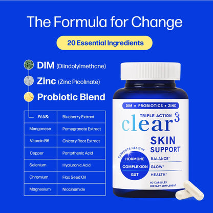Clear Skin Supplement with Zinc, DIM & Probiotics | 3-in-1 Balance, Glow & Health Skin Support | Triple Action Hyaluronic Acid, Niaciminide & Vitamins for Hormone - PrimeBioHealth - canada supplements