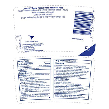 Clearasil Rapid Rescue Deep Treatment Acne Face Pads, Maximum Strenght with 2% Salicylic Acid Acne - PrimeBioHealth - canada supplements