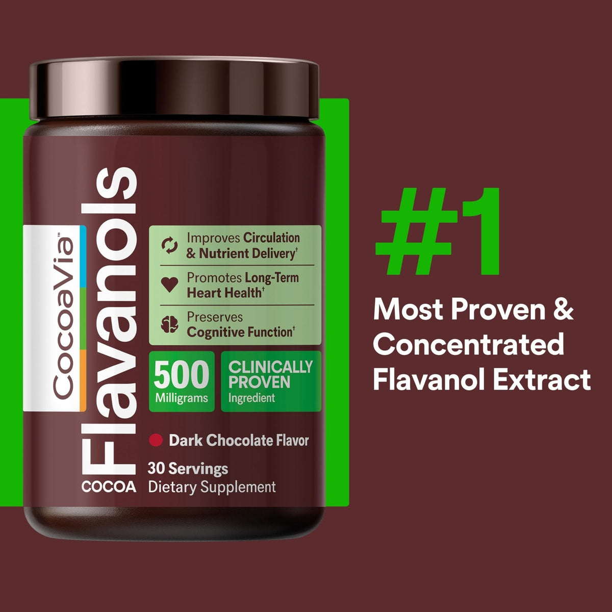 CocoaVia Cocoa Flavanols 500mg – Heart and Brain Support, High Flavanol Cocoa Extract, Boosts Nitric Oxide, Blood Circulation and Memory, Preworkout, Vegan - PrimeBioHealth - canada supplements