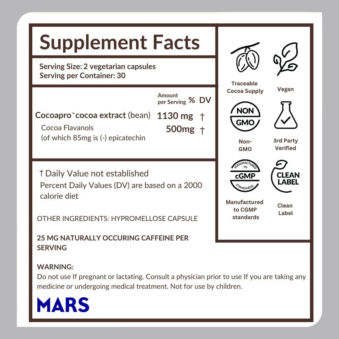 CocoaVia Cocoa Flavanols 500mg – Heart & Brain Support Supplement, High Flavanol Cocoa, Blood Circulation & Memory Booster, Nitric Oxide, Energy & Oxygen Boost, Vegan, Gluten-Free, 60 Capsules - PrimeBioHealth - canada supplements