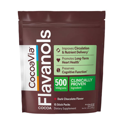 CocoaVia Cocoa Flavanols 500mg, High Flavanol Cocoa Powder, Support Heart and Brain Health, Boosts Nitric Oxide, Circulation, Preworkout, Travel-Friendly, Vegan, Dark Chocolate, 15 Single Serve Sticks - PrimeBioHealth - canada supplements