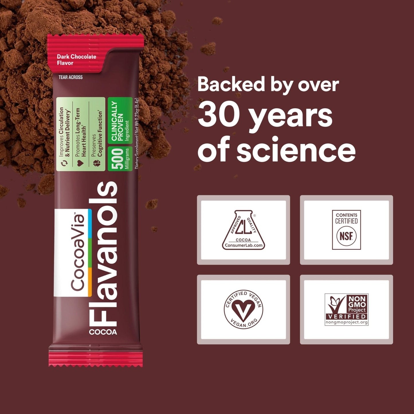 CocoaVia Cocoa Flavanols 500mg, High Flavanol Cocoa Powder, Support Heart and Brain Health, Boosts Nitric Oxide, Circulation, Preworkout, Travel-Friendly, Vegan, Dark Chocolate, 15 Single Serve Sticks - PrimeBioHealth - canada supplements