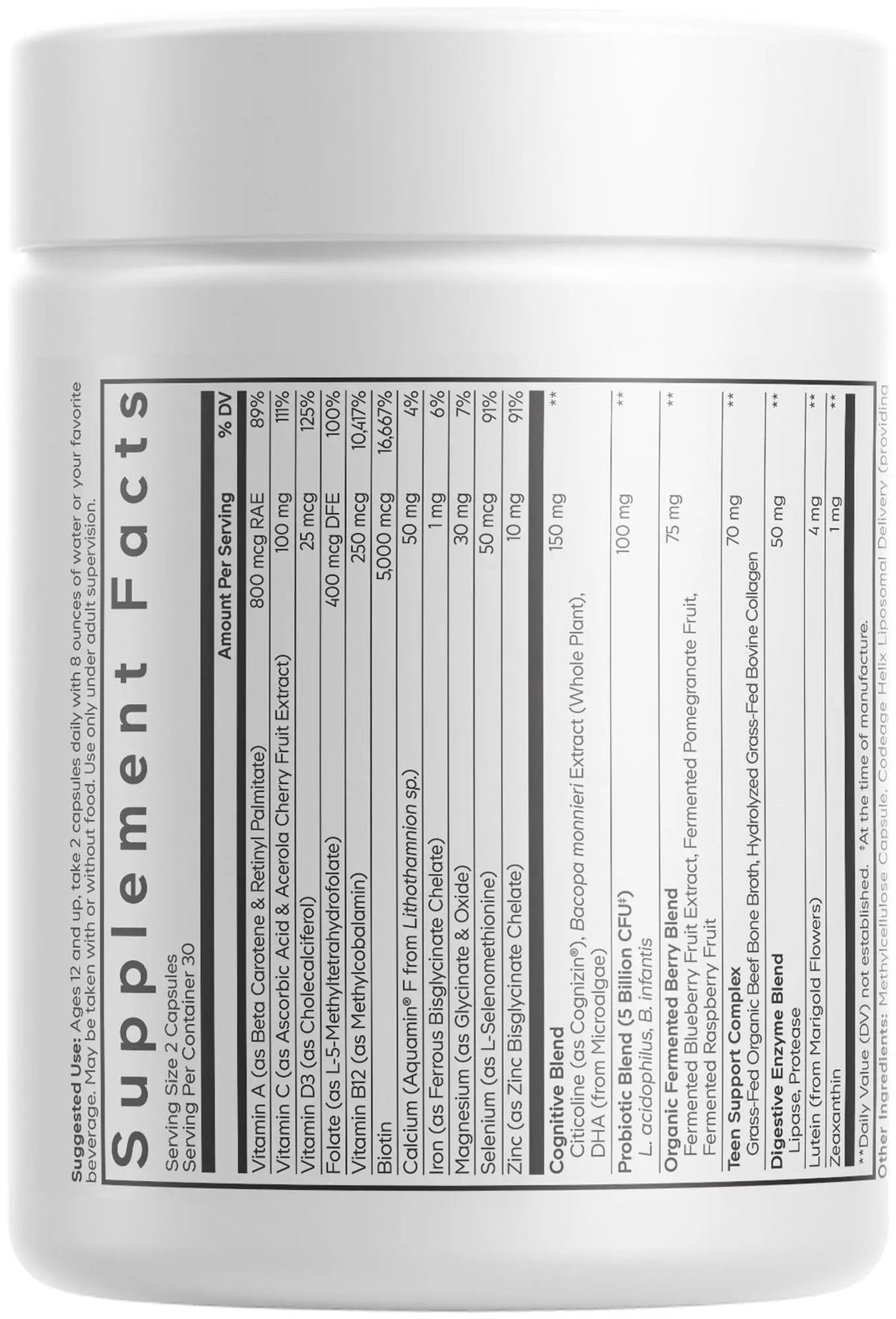 Codeage Teen Multivitamin+ Platinum Supplement - Vitamins A, C, D3, E, K2, B6, B12, Minerals, Probiotics, Citicoline - PrimeBioHealth - canada supplements