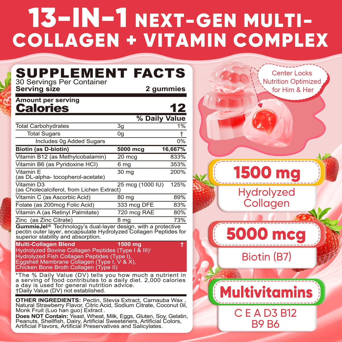 Collagen Peptide Gummies for Women & Men Sugar-Free, Multi Collagen Hydrolyzed w/ 1500mg Protein Type I,II,III,V,X, 5000mcg Biotin, Methylated B12, Vitamin C A E D3 B6 - PrimeBioHealth - canada supplements