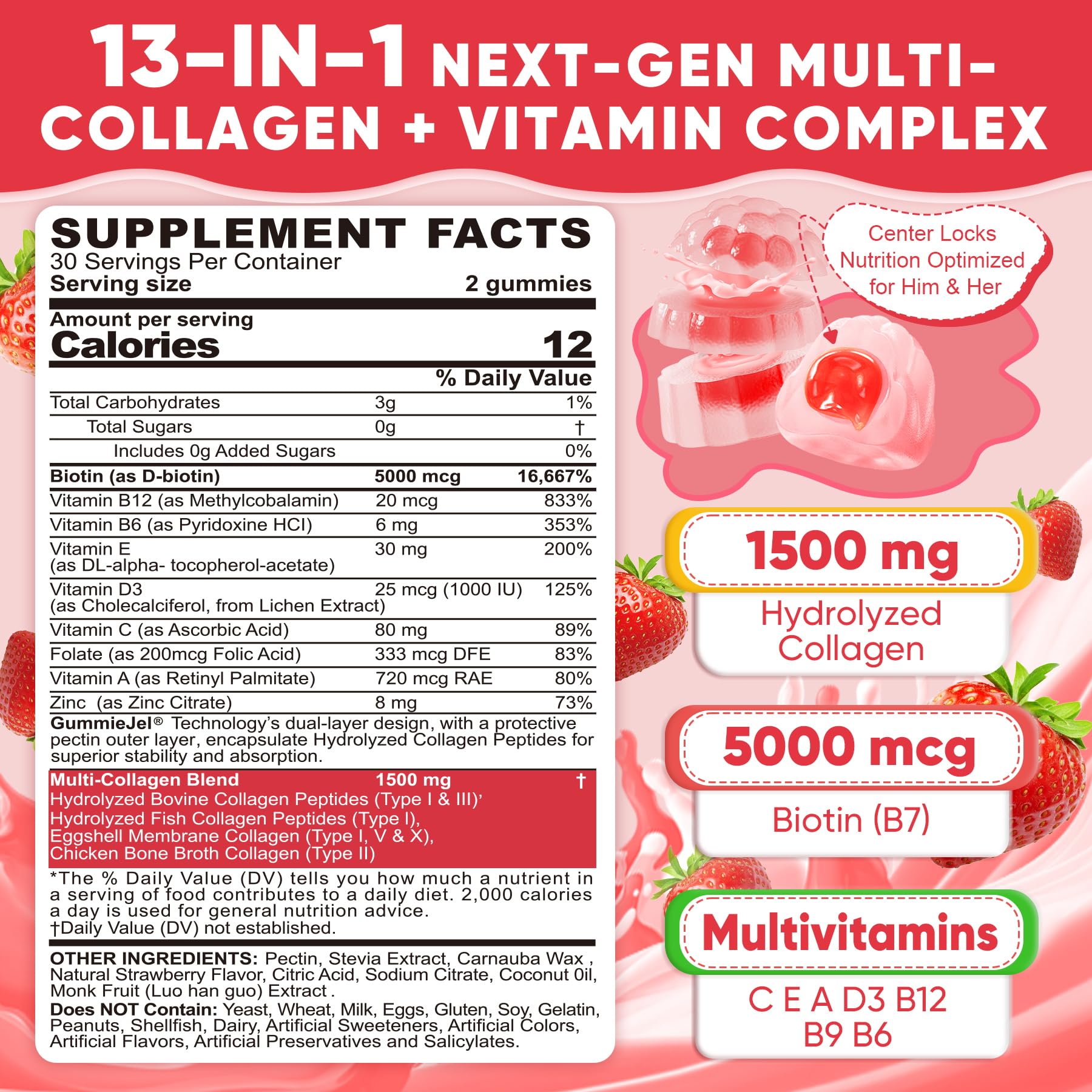 Collagen Peptide Gummies for Women & Men Sugar-Free, Multi Collagen Hydrolyzed w/ 1500mg Protein Type I,II,III,V,X, 5000mcg Biotin, Methylated B12, Vitamin C A E D3 B6 - PrimeBioHealth - canada supplements