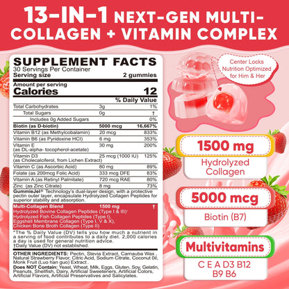 Collagen Peptide Gummies for Women & Men Sugar-Free, Multi Collagen Hydrolyzed w/ 1500mg Protein Type I,II,III,V,X, 5000mcg Biotin, Methylated B12, Vitamin C A E D3 B6 - PrimeBioHealth - canada supplements