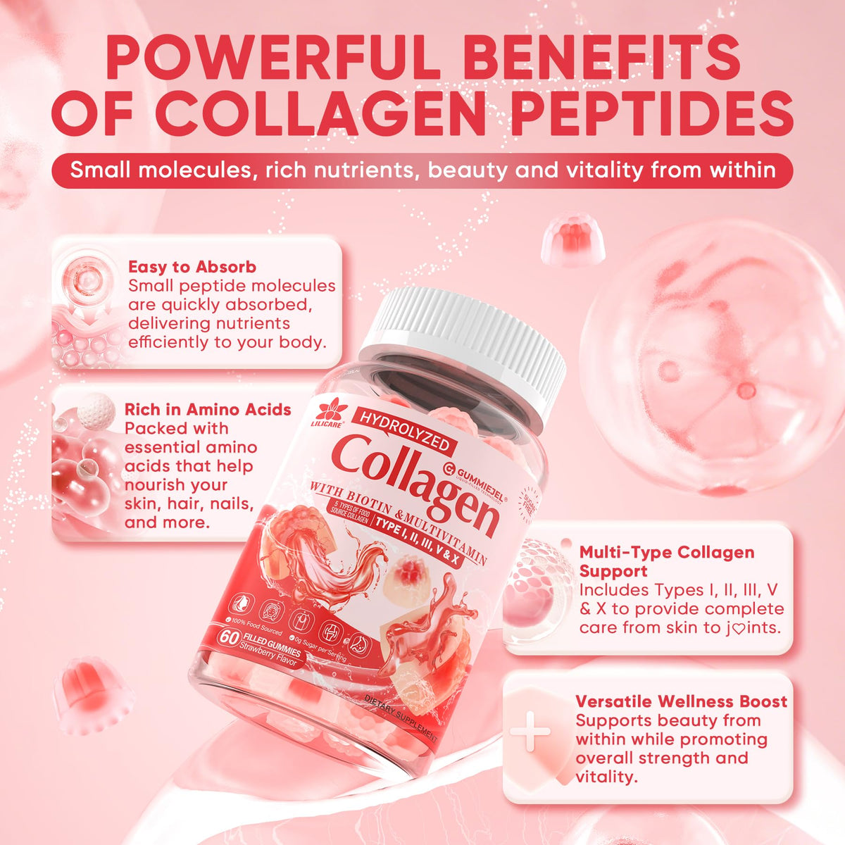 Collagen Peptide Gummies for Women & Men Sugar-Free, Multi Collagen Hydrolyzed w/ 1500mg Protein Type I,II,III,V,X, 5000mcg Biotin, Methylated B12, Vitamin C A E D3 B6 - PrimeBioHealth - canada supplements
