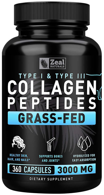Collagen Peptides Capsules 360 Count - Grass Fed Bovine Hydrolyzed Collagen Pills - Hair, Skin & Nails, Joint Support - Collagen Supplements for Women & Men - PrimeBioHealth - canada supplements
