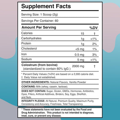 Colostrum Powder 2000mg - Vanilla Flavor, 60% IgG Bovine Colostrum Supplement for Gut Health, Immune Support, Clean Skin, Anti-Aging, Grass-Fed Calostro Bovino Powder, Keto, Gluten-Free - 60 Servings - PrimeBioHealth - canada supplements