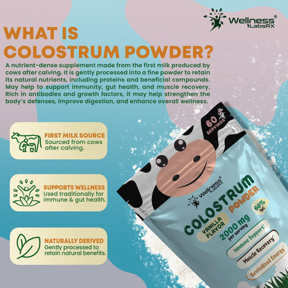 Colostrum Powder 2000mg - Vanilla Flavor, 60% IgG Bovine Colostrum Supplement for Gut Health, Immune Support, Clean Skin, Anti-Aging, Grass-Fed Calostro Bovino Powder, Keto, Gluten-Free - 60 Servings - PrimeBioHealth - canada supplements