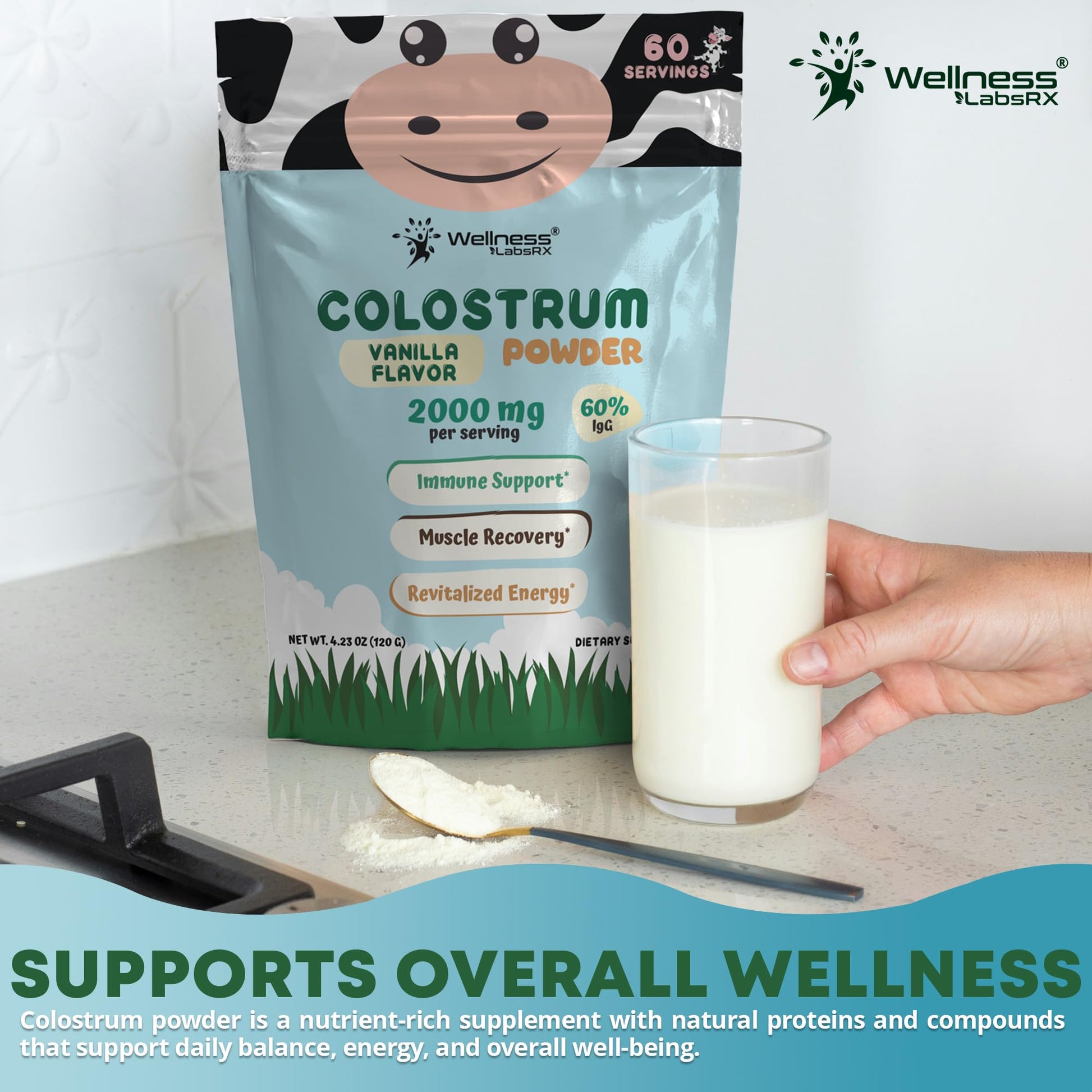 Colostrum Powder 2000mg - Vanilla Flavor, 60% IgG Bovine Colostrum Supplement for Gut Health, Immune Support, Clean Skin, Anti-Aging, Grass-Fed Calostro Bovino Powder, Keto, Gluten-Free - 60 Servings - PrimeBioHealth - canada supplements