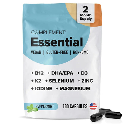 Complement Essential Vegan Multivitamin for Men & Women (60 Servings, 180 Capsules) with Omega-3 DHA & EPA, B12, Vitamin D3 & K2 - PrimeBioHealth - canada supplements