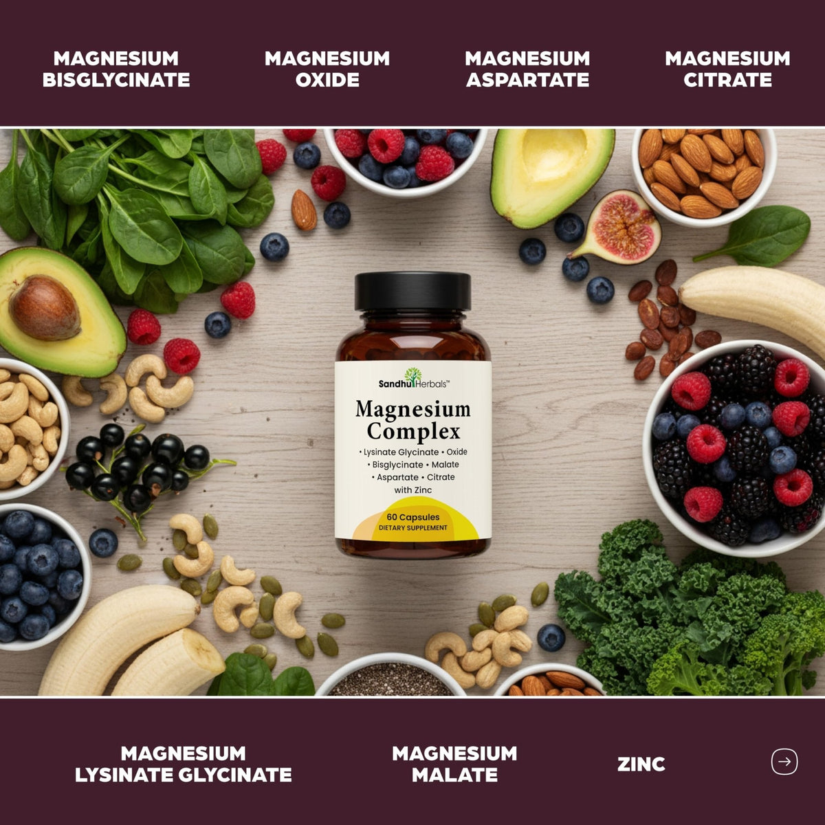 Complete Magnesium Complex 500mg for Women & Men | 60 Capsules | 6 in 1 Mag Supplement with Zinc | Quality Sleep & Muscle Health | Glycinate, Citrate - PrimeBioHealth - canada supplements