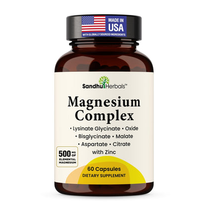 Complete Magnesium Complex 500mg for Women & Men | 60 Capsules | 6 in 1 Mag Supplement with Zinc | Quality Sleep & Muscle Health | Glycinate, Citrate - PrimeBioHealth - canada supplements
