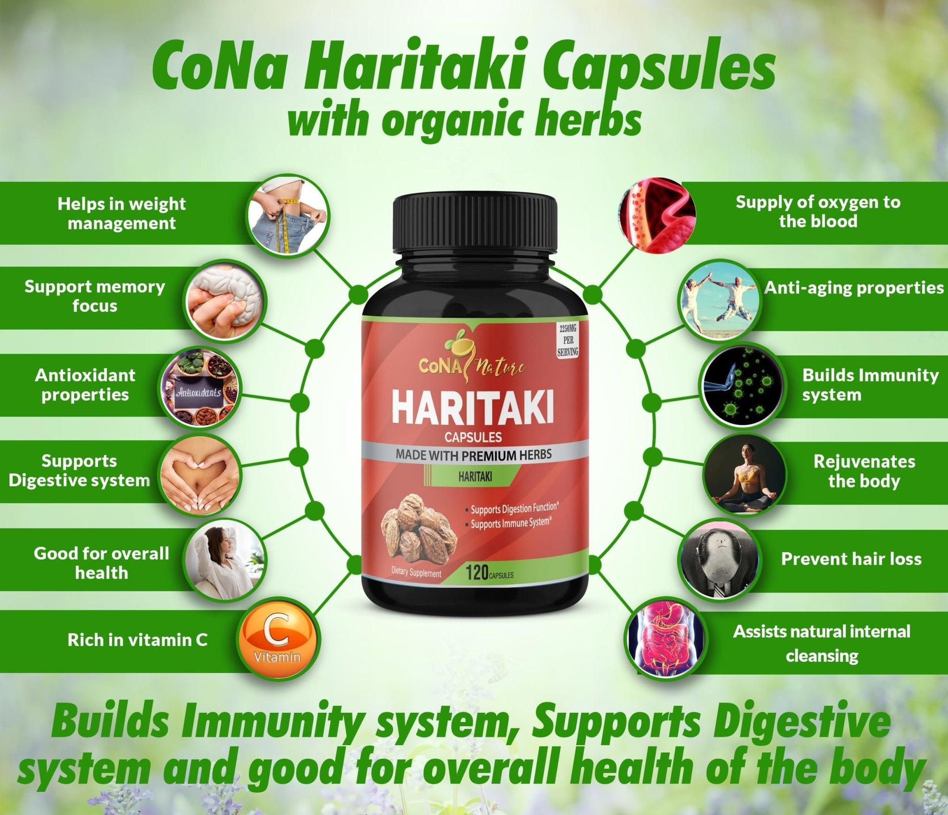 Cona Nature Organic India Haritaki Capsules 2250MG, Rejuvenation, Improving Digestion, Maintains Regularity | Non-GMO Vegan Gluten-Free Herbs and Supplements, 120 Caps - PrimeBioHealth - canada supplements