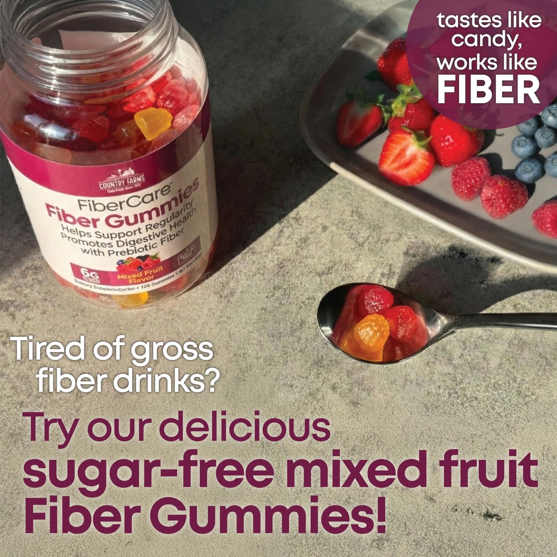 Country Farms Fiber Care Prebiotic Gummies, 6g of Fiber Per Serving, FOS from Beets, Digestive Health, Supports Regularity, Mixed Fruit Flavor - PrimeBioHealth - canada supplements