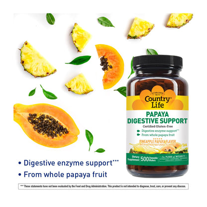 Country Life Chewable Papaya Enzymes for Digestion Support - Natural Pineapple & Papaya Flavor, Assists with Nutrient Absorption - PrimeBioHealth - canada supplements