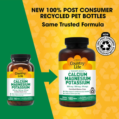 Country Life Target Mins - Calcium Magnesium Potassium Bone & Heart Health Supplement, 1000mg Calcium, 500mg Magnesium, Supports Calcium Utilization - PrimeBioHealth - canada supplements
