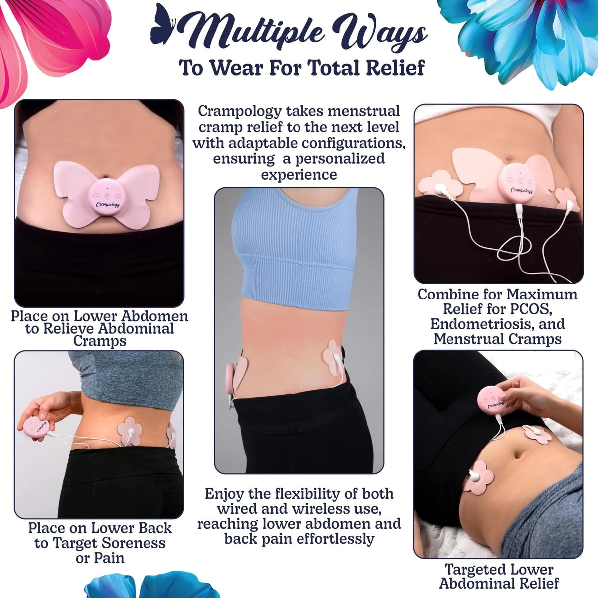 Crampology Relief Pink-Period Cramps Pain Relieving Device, Cramp Massager for Menstrual and Lower Back Ache, Reduces Endometriosis Discomfort, PMS TENS Unit, Wireless or Wired, Natural Cycle Support - PrimeBioHealth - canada supplements