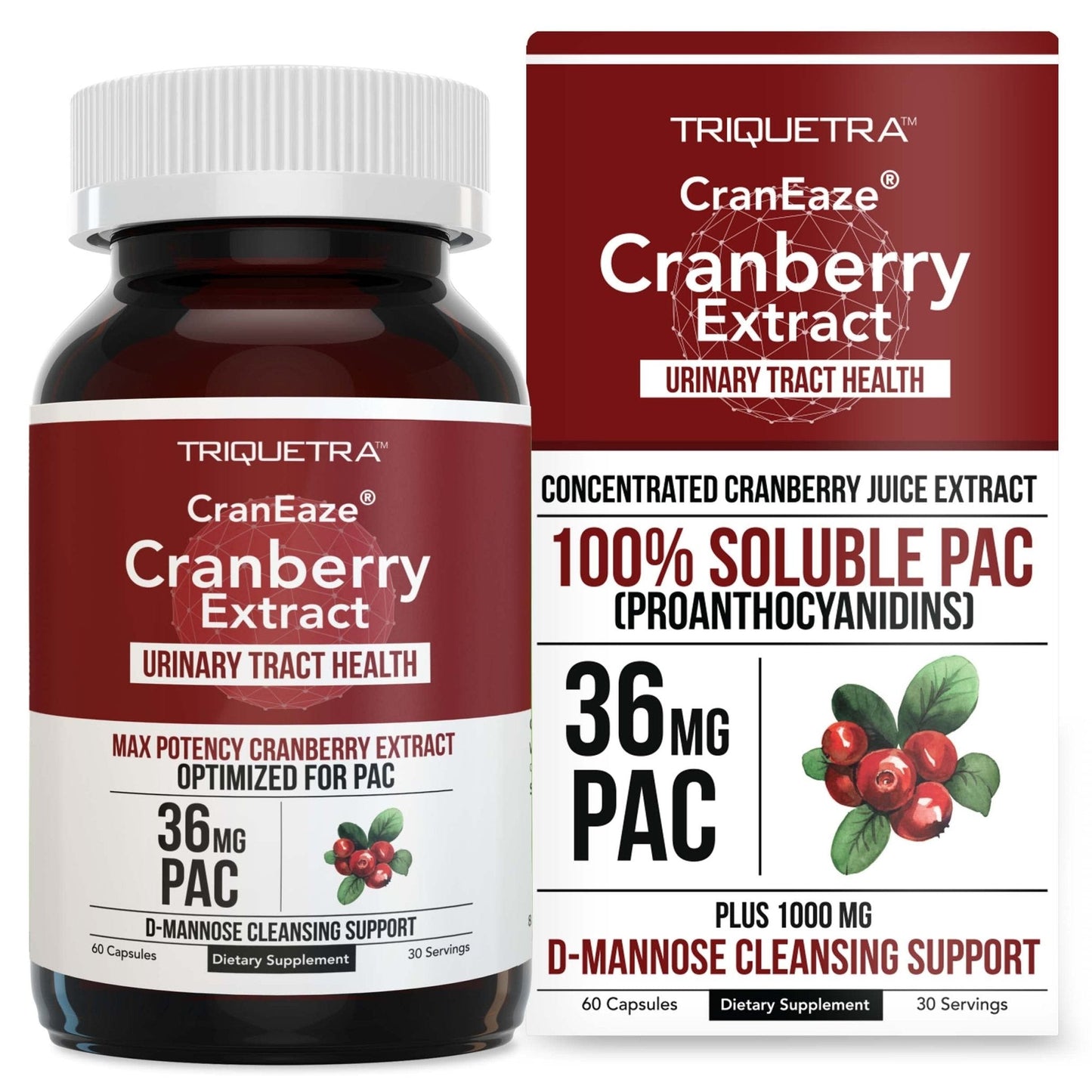 CranEaze®: Cranberry Juice Extract Plus D-Mannose – 36 mg PAC, 100% Soluble PAC - Supports Urinary Tract Health – Most Effective Cranberry Pills for Women, UTI Cranberry Supplement - 60 Capsules - PrimeBioHealth - canada supplements