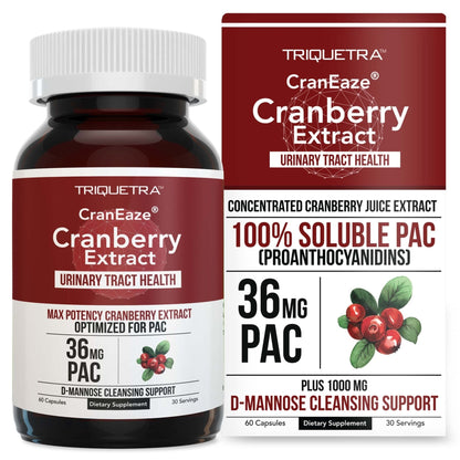 CranEaze®: Cranberry Juice Extract Plus D-Mannose – 36 mg PAC, 100% Soluble PAC - Supports Urinary Tract Health – Most Effective Cranberry Pills for Women, UTI Cranberry Supplement - 60 Capsules - PrimeBioHealth - canada supplements