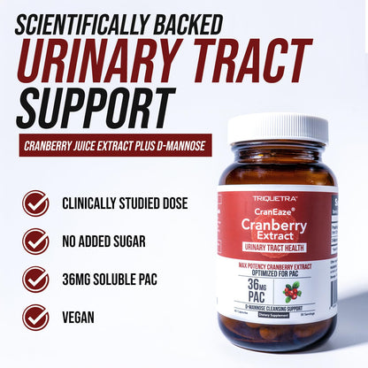 CranEaze®: Cranberry Juice Extract Plus D-Mannose – 36 mg PAC, 100% Soluble PAC - Supports Urinary Tract Health – Most Effective Cranberry Pills for Women, UTI Cranberry Supplement - 60 Capsules - PrimeBioHealth - canada supplements