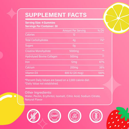 Creatine for Women, Creatine Monohydrate Gummies with Collagen, Vitamin D3 & Calcium for Muscles, Booty & Energy, Flavored Sugar Free Creatine Gummies Post - PrimeBioHealth - canada supplements