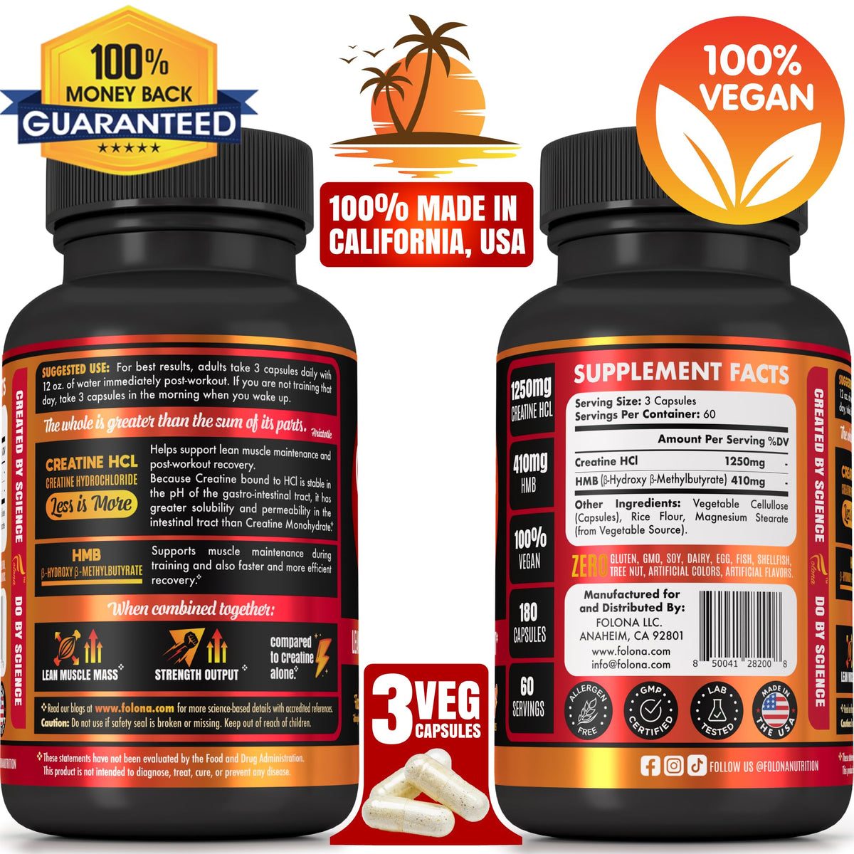 Creatine HCL Capsules with HMB - Workout Supplement for Men & Women, Muscle Builder, Endurance, Strength, Superior to Monohydrate: Instantized for Max Absorption, No Load - PrimeBioHealth - canada supplements